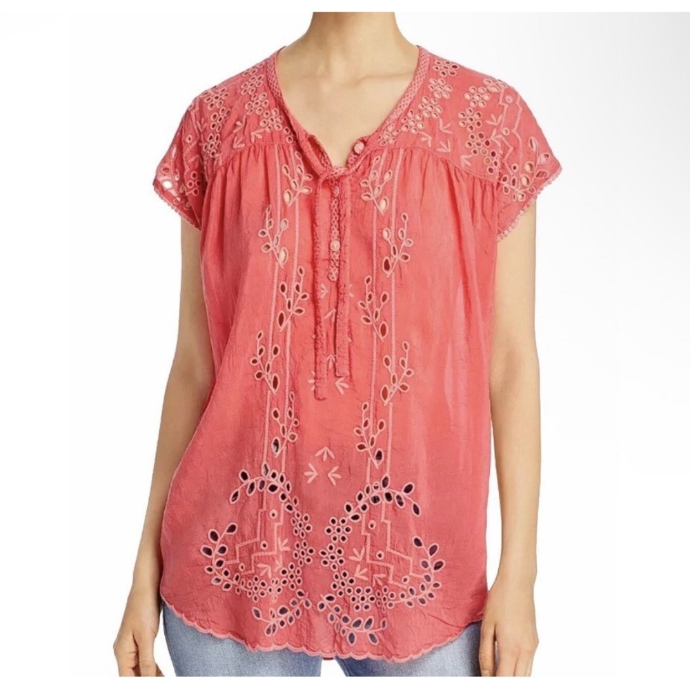 Johnny Was Floral Embroidered Eyelet Blouse Top Tunic Size L Coral Pink Boho